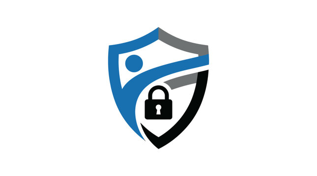 A stylized shield icon featuring a central padlock and human silhouette
