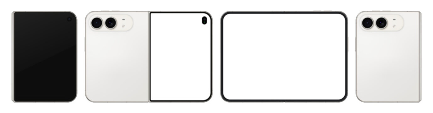 Detailed folded white new mobile phone mockup. Front and rear smartphone view isolated on transparent background. Vector PNG