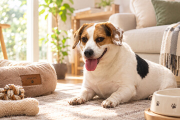 Plakat Portrait of happy puppy on home furniture