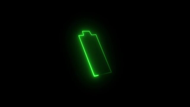 Glowing neon battery icon with charging lightning symbol on black background for energy concept. Glowing neon low battery icon with lightning bolt symbol animation isolated on black background.4k 