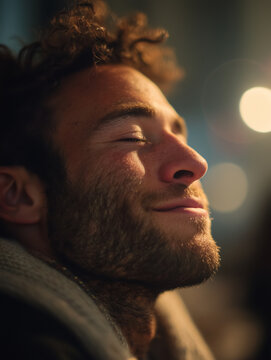 Man in his 30s nodding during AI communication indoors with soft lighting