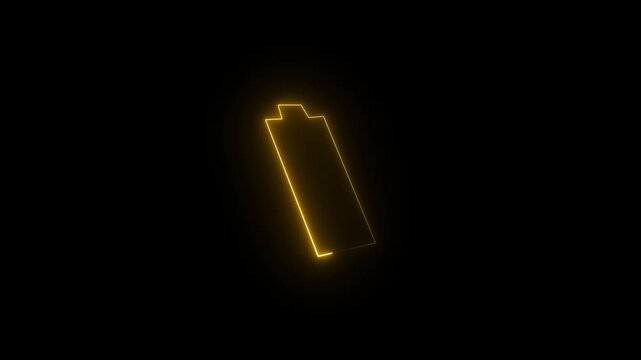 Glowing neon battery icon with charging lightning symbol on black background for energy concept. Glowing neon low battery icon with lightning bolt symbol animation isolated on black background.4k 