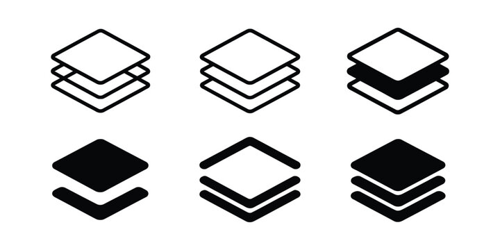 Layers icon set, numbered layers 1 to 10, logo levels, tiers and stacked sheets, material layers, surface levels, technology, business, and vector illustration.