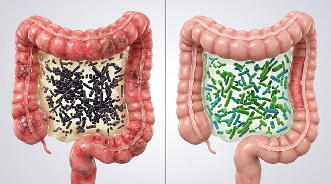 Illustration comparing healthy and unhealthy gut microbiota in the human digestive system.