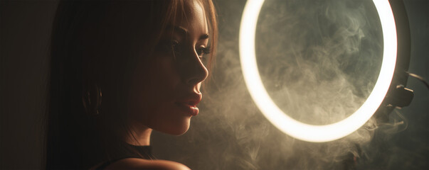 Young woman in 20s recording video on ethical AI use indoors at night © ivlianna