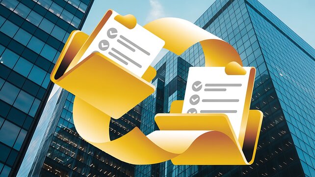 Abstract representation of digital document management with yellow folders, checklists, and paperwork icons on a modern glass building background Sigmoid