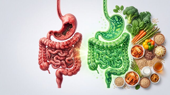 Illustration of digestive system comparison with healthy and unhealthy food options.