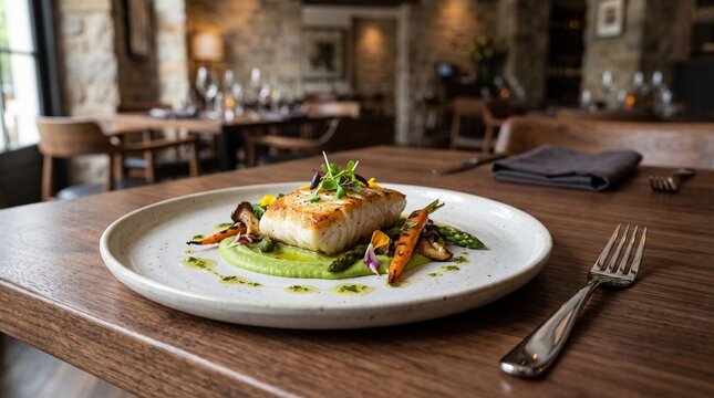 Grilled fish fillet with roasted vegetables served on a ceramic plate in a restaurant