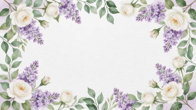 Elegant watercolor floral frame with white roses, purple lilacs, and green leaves on a light background, perfect for invitations and greeting cards.
