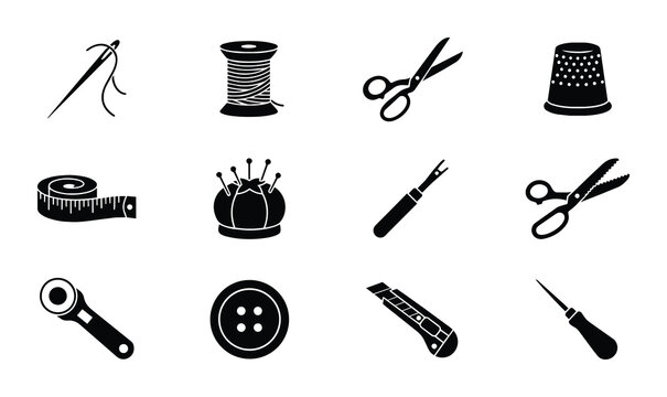 Sewing Tools Icon Set, Silhouette, for Crafting and Tailoring
