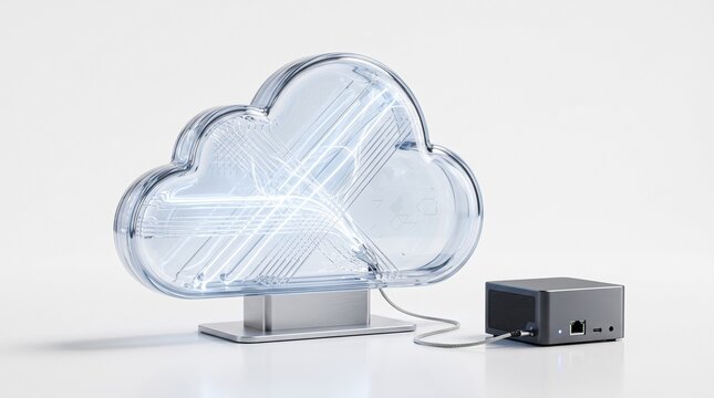 Glass cloud sculpture connected to a small server block on white background