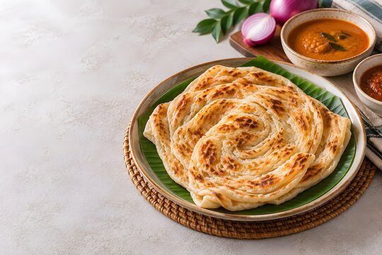 Crispy Flaky Roti Canai Paratha Flatbread with Curry Gravy Dip on Banana Leaf Platter
