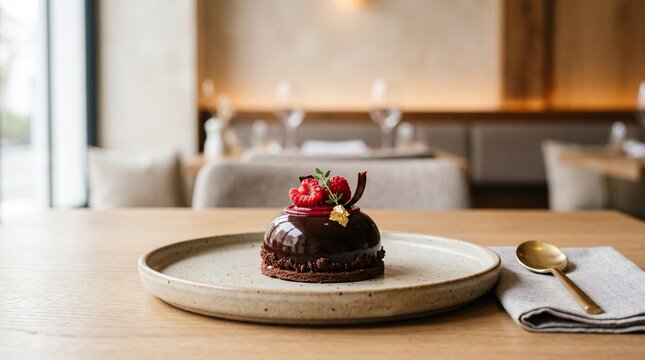 Gourmet chocolate mousse dessert with fresh raspberries on a ceramic plate in a restaurant setting with copy space