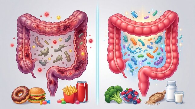 Illustration showing healthy and unhealthy gut microbiome with contrasting foods and bacteria representation.