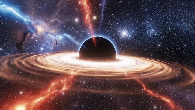 A glowing black hole sits in the center of deep space