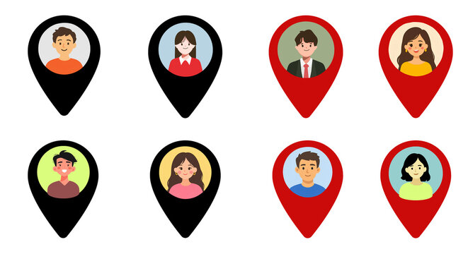 Location Pin Icon Set with People Avatar - Map Pointer Characters