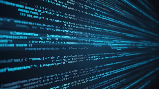 Digital blue computer code scrolling on screen representing software development and data processing 