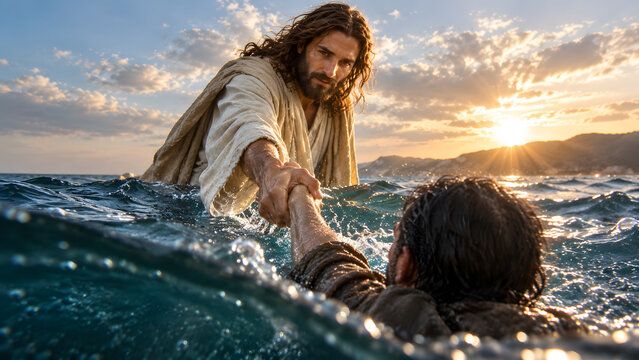 Jesus christ pulling a drowning man from the sea to safety at sunset