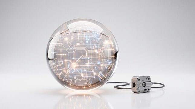 Glowing digital network sphere with connection node on a white background