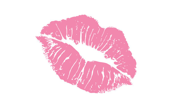 Pink lipstick kiss mark with textured brushstroke edges. Romantic feminine lip print creates a bold beauty symbol on a clean white background. Isolated vector graphic for love, fashion and cosmetics.