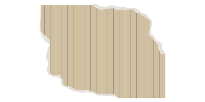 Beige torn paper sheet with subtle vertical lines and irregular ripped edges. Minimal stationery texture creates a natural vintage paper element. Isolated vector design for notes, crafts, posters and 