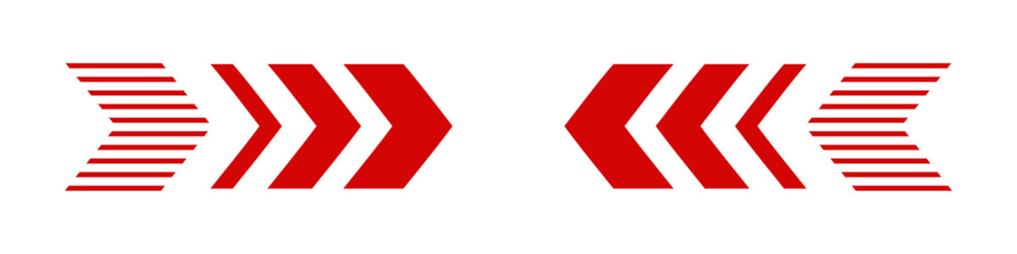 Red directional arrow set with bold chevrons and striped motion lines. Dynamic geometric symbols create a fast forward movement effect. Ideal for navigation, sports graphics, banners, posters, and dig