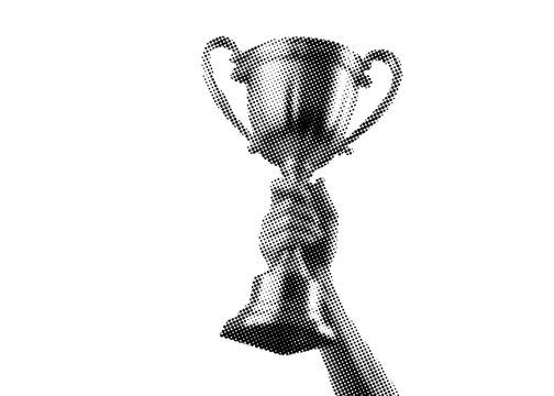 Hand Holding Trophy Cup Halftone Vector Illustration. Winner Award Icon With Dot Pattern Texture Isolated On White Background. Vintage Retro Style Symbol For Success Or Victory.