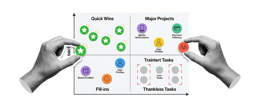 Composition of two grayscale hands arranging colored task markers on a four quadrant effort and impact prioritization chart, for priority matrix graphics, isolated on a transparent background.