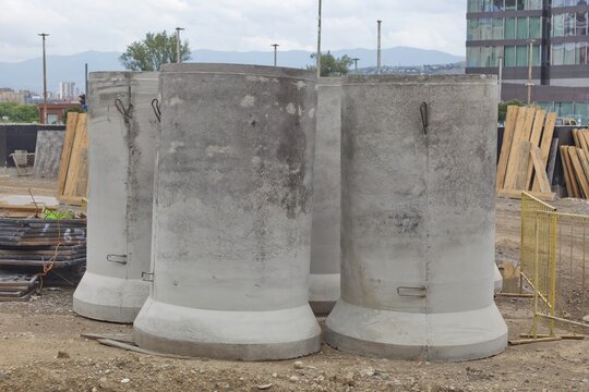 Concrete manhole rings at construction site