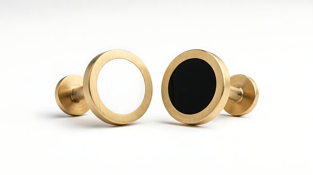 Gold and black round cufflinks on white background