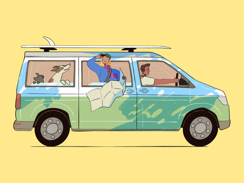 Couple with van and dogs van life travel driving illustration