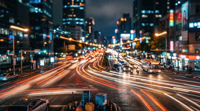 Blurred City Traffic Lights Streaks at Night.