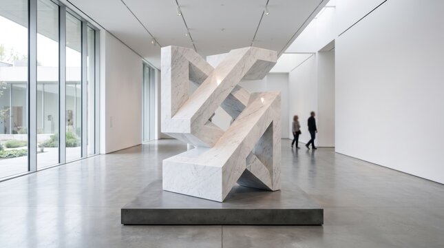 Modern Geometric Marble Sculpture in Contemporary Art Gallery Interior.