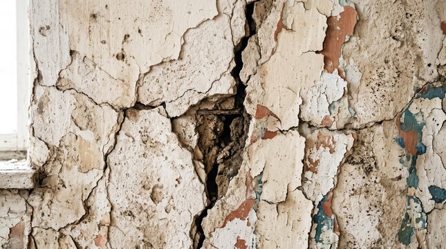 Aged Plaster Wall With Deep Cracks And Peeling Paint Texture.