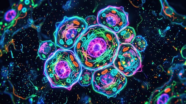 Neon Microscopic Human Cells Biology Background.