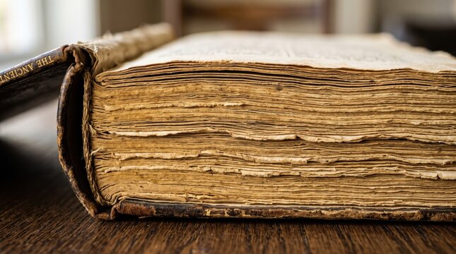 Side view of an ancient antique book with weathered yellow pages.