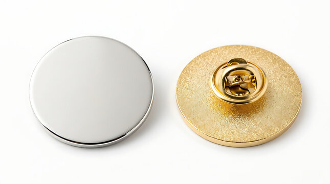 Two circular metallic pins one silver one gold with pin backing
