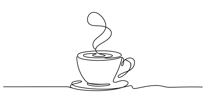 Continuous single line drawing of a cup of hot coffee with steam rising, One line drawing of coffee cup with rising steam