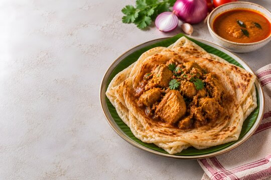 Crispy Flaky Parotta Flatbread Served with Rich Spicy Chicken Curry
