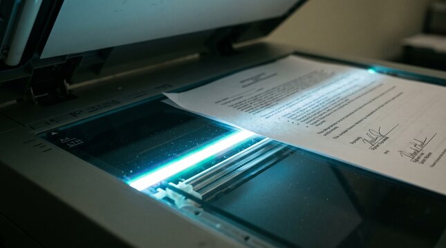 Document being scanned in a scanner with technology photocopy equipment workspace machine office indoor paper
