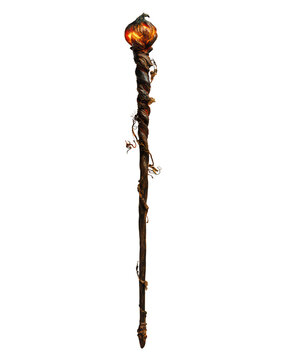 Magical wooden staff with glowing fiery orb and intricate twisting branch design