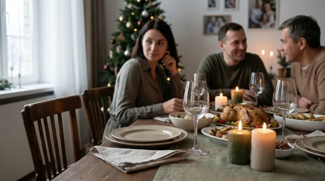 Family gathering at Christmas dinner table, family gathering after loss