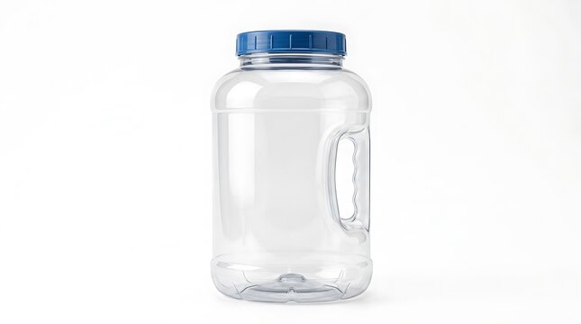 Empty large clear plastic jar with a blue lid and a side handle for food storage and liquids. 1 gallon jug