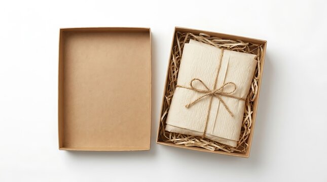 Open brown cardboard gift box with a stack of white paper cards tied with a light green ribbon. plastic-free gift boxes