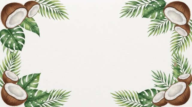 Tropical summer frame with watercolor coconuts and palm leaves on a white background, perfect for invitations or cards.