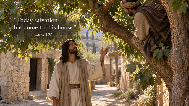 Jesus speaking to zacchaeus in a tree, biblical scene of salvation coming to the house of a tax collector