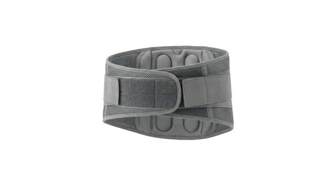 Black lumbar support belt with adjustable velcro straps and mesh fabric, for back pain, relief and posture isolated on a transparent background