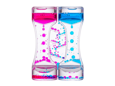 Liquid motion timer oil hourglass with bright pink and blue droplets dripping down a spiral ramp in a clear plastic container, visual sensory toy isolated on black background for stress relief idea.