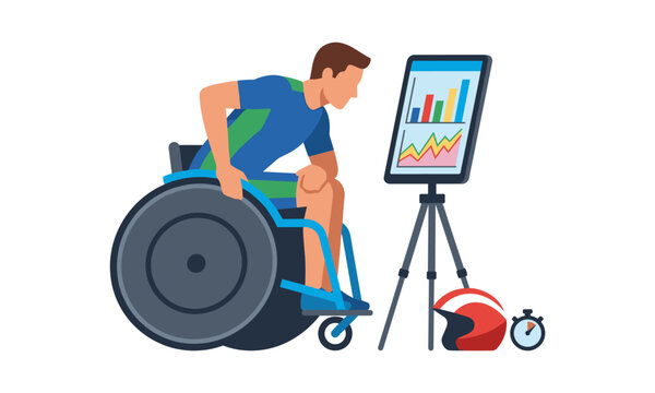 Disabled sportsman in wheelchair checking training results on monitor