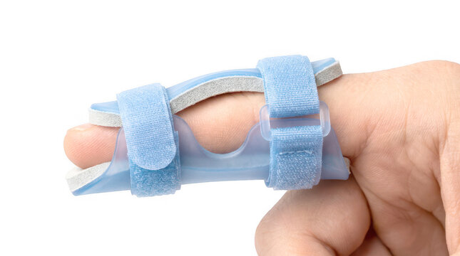Blue plastic finger splint with soft foam lining and velcro straps attached to a human finger for orthopedic injury support and healing isolated on a transparent background